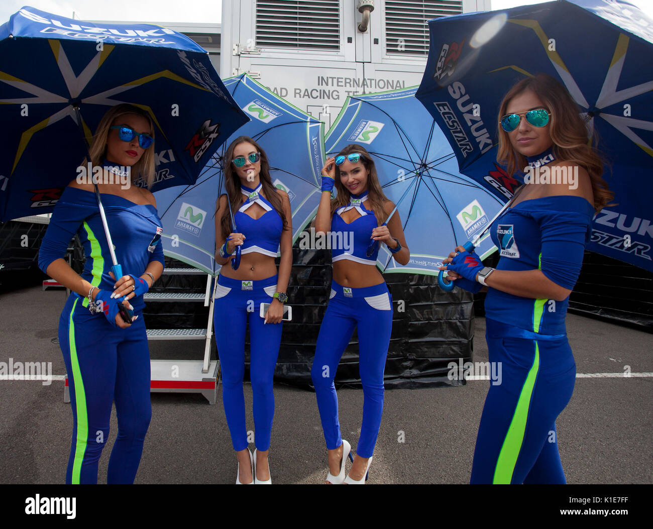 Silverstone, UK. 26th Aug, 2017. Silverstone, 26th August, 2017 Suzuki and Moviestar promotion grid gals parade in the paddock at the OCTO British MotoGP weekend Credit: Motofoto/Alamy Live News Stock Photo