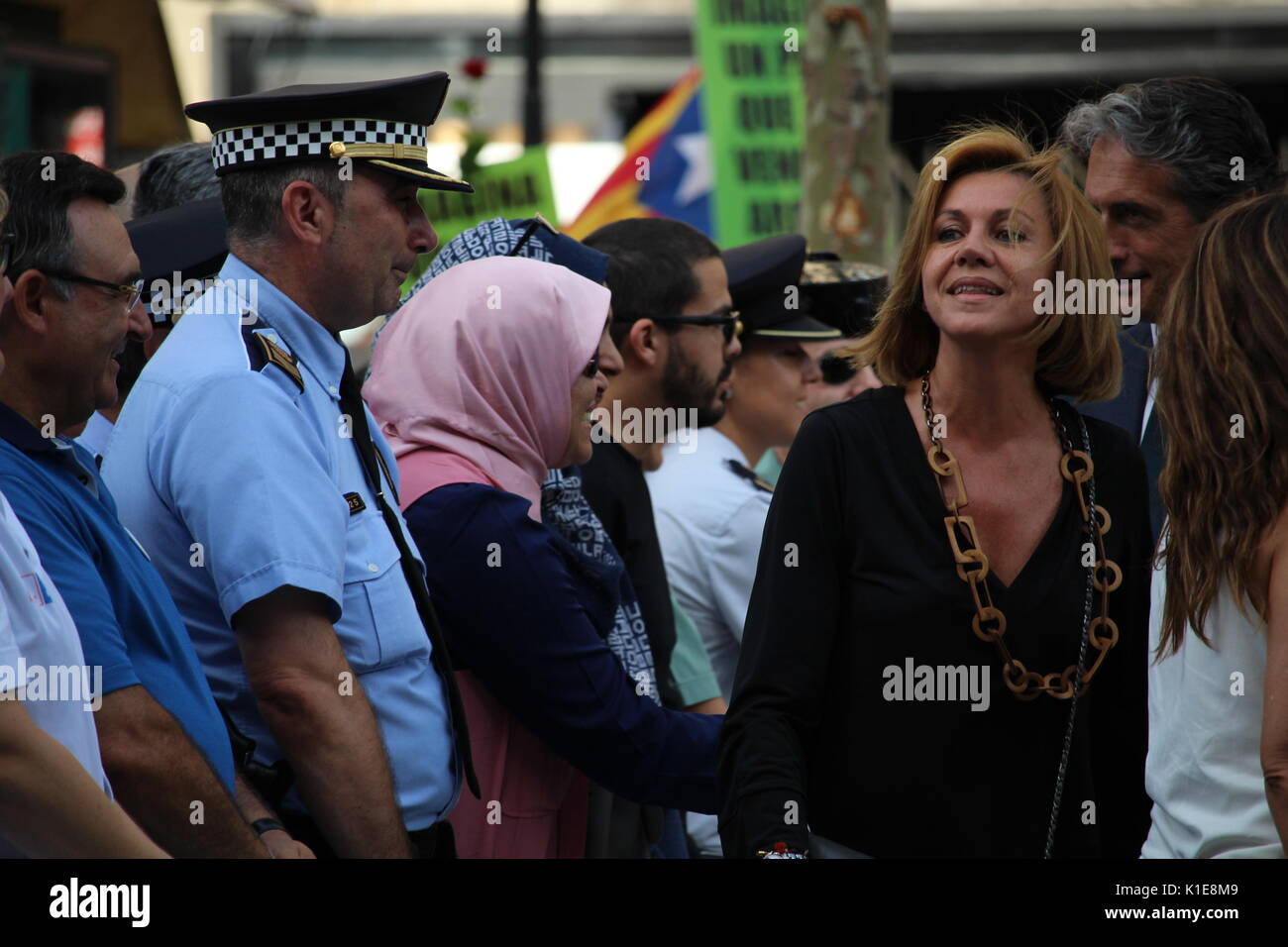 Barcelona, Spain. 26th August, 2017. Spanish ministry of defense Maria Dolores de Cospedal participating at the massive protest 'I am not scared' against terrorism and islamophobia after the attack on Rambla. The head of the manifestation was held by public service servants as firefighters, police, medical emergency services. Amongst the over 500.000 participants there was a huge representation of the spanish authorities and all political parties. Credit: Dino Geromella/Alamy Live News Credit: Dino Geromella/Alamy Live News Stock Photo