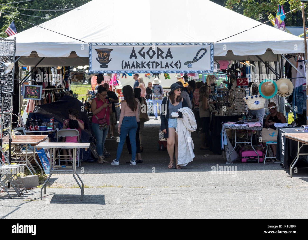 Norwalk, CT, USA. , . The main entrance to the Greek festival loaded with local crafts, foods, and handmade goods. Credit: Craig Perry/Alamy Live News Stock Photo