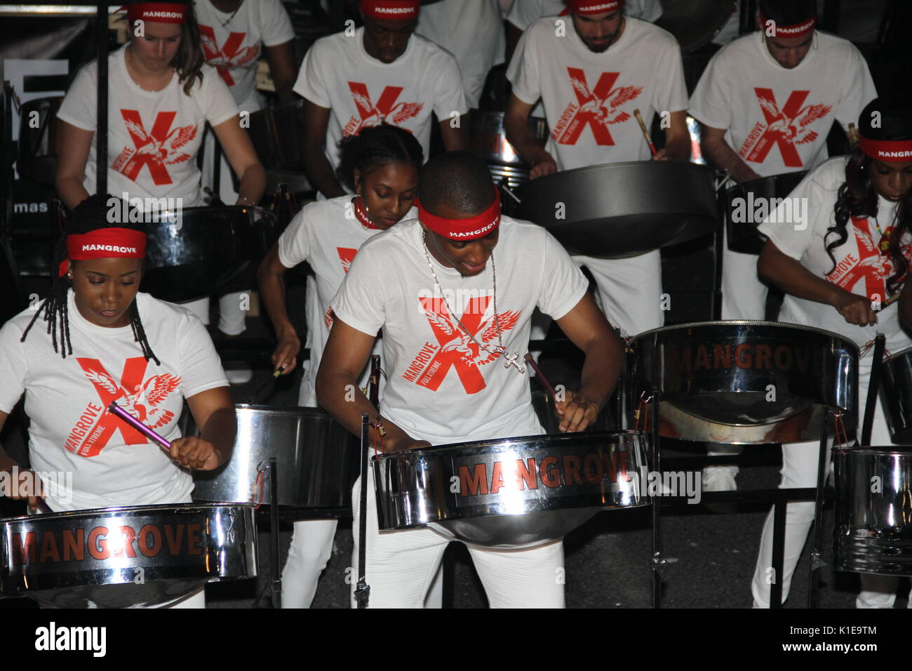 London, UK. 26th August, 2017. Steel bands compete in the Notting Hill Carnival 2017, National Panorama Competition at Emslie Horniman Pleasance Park Featuring: mangrove. metronomes and endurance Where: London, England, United kingdom Credit: Daniel Samray/Alamy Live News Stock Photo