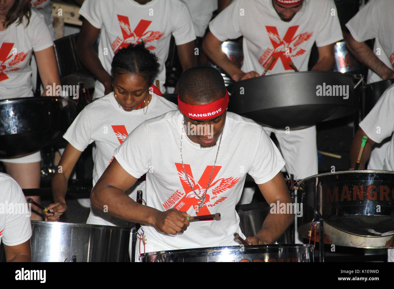 London, UK. 26th August, 2017. Steel bands compete in the Notting Hill Carnival 2017, National Panorama Competition at Emslie Horniman Pleasance Park Featuring: mangrove. metronomes and endurance Where: London, England, United kingdom Credit: Daniel Samray/Alamy Live News Stock Photo