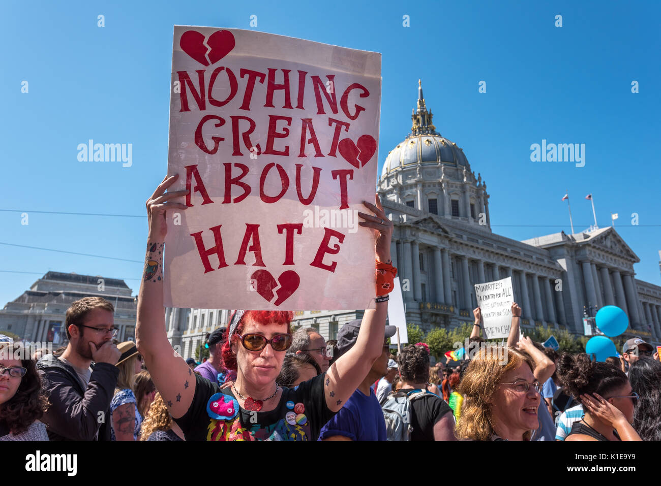 San Francisco, USA. 26th August, 2017, the No Hate rally and protest march in San Francisco. The group gathered at Harvey Milk Plaza in San Francisco's Castro district for a rally before marching down Market Street to San Francisco City Hall. Originally planned as one of several counter protests to a previously planned demonstration by right wing group 'Patriot Prayer,' the counter protests in San Francisco still saw large turnouts in a show of support though the Patriot Prayer event was canceled the evening prior. Credit: Shelly Rivoli/Alamy Live News Stock Photo