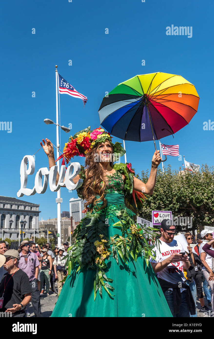 San Francisco, USA. 26th August, 2017, the No Hate rally and protest march in San Francisco. The group gathered at Harvey Milk Plaza in San Francisco's Castro district for a rally before marching down Market Street to San Francisco City Hall. Originally planned as one of several counter protests to a previously planned demonstration by right wing group 'Patriot Prayer,' the counter protests in San Francisco still saw large turnouts in a show of support though the Patriot Prayer event was canceled the evening prior. Credit: Shelly Rivoli/Alamy Live News Stock Photo