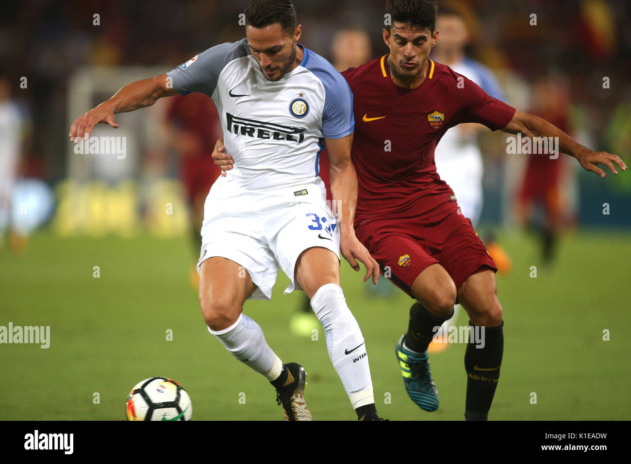 26.08.2017. Stadio Olimpico, Rome, Italy. Serie A football. As Roma  vs Inter. D'ambrosio and Perotti in action during the match. Stock Photo