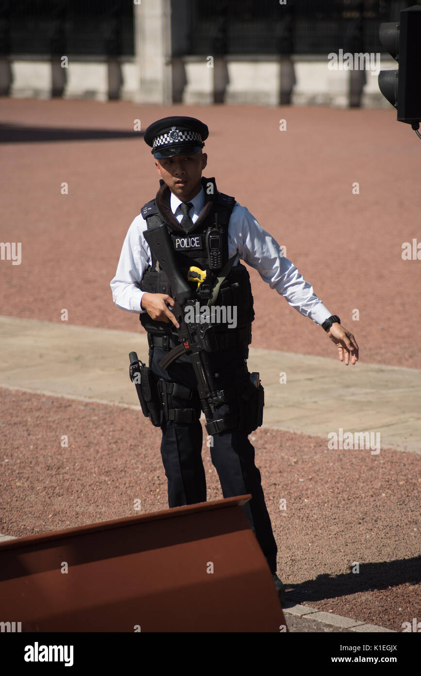 London, UK. 27th Aug, 2017. Heightened Security at Buckingham Palace on Saturday and Sunday following the attempted terror attack onFriday 25th August. Tourists watch on as the prescience of armed Police at the Police is seen and felt at Buckingham Palace Credit: Ben Smith/Alamy Live News Stock Photo