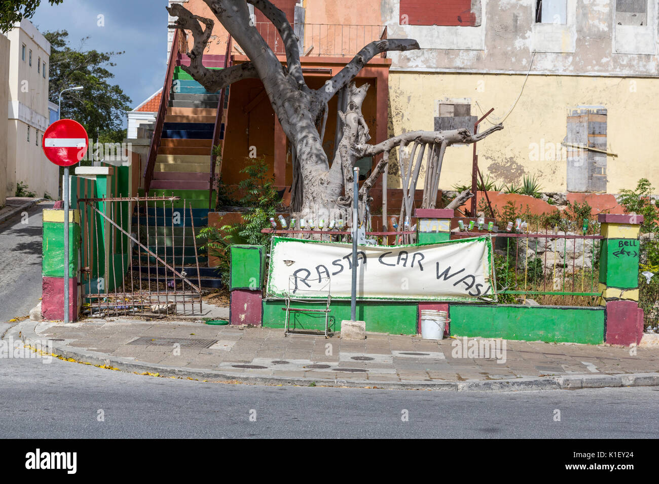Willemstad, Curacao, Lesser Antilles.  Rastafarian Car Wash Site, Attendant Temporarily Absent. Stock Photo