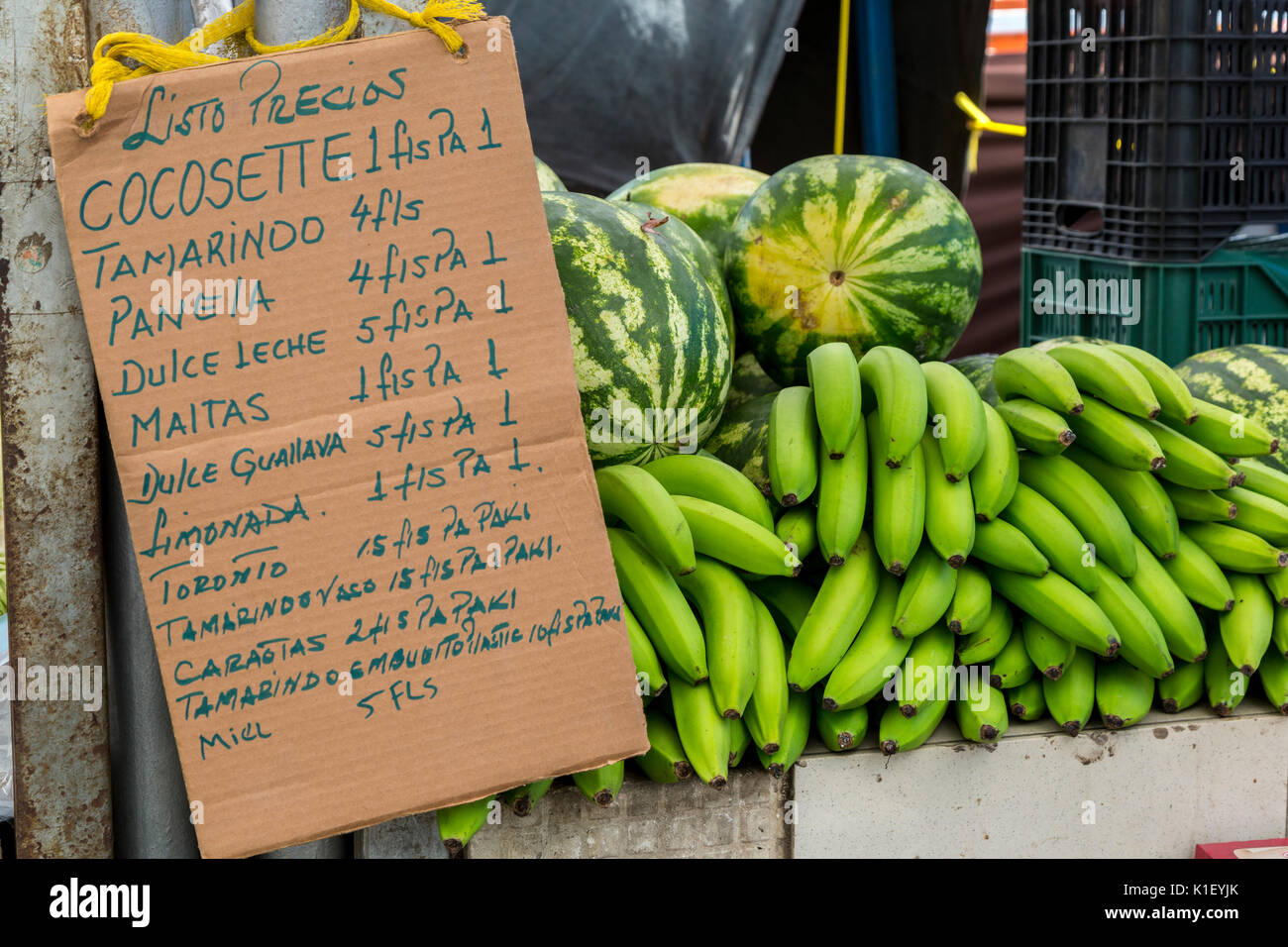 Willemstad, Curacao, Lesser Antilles.  Price List for Fruit Juice Drinks, Smoothies. Stock Photo