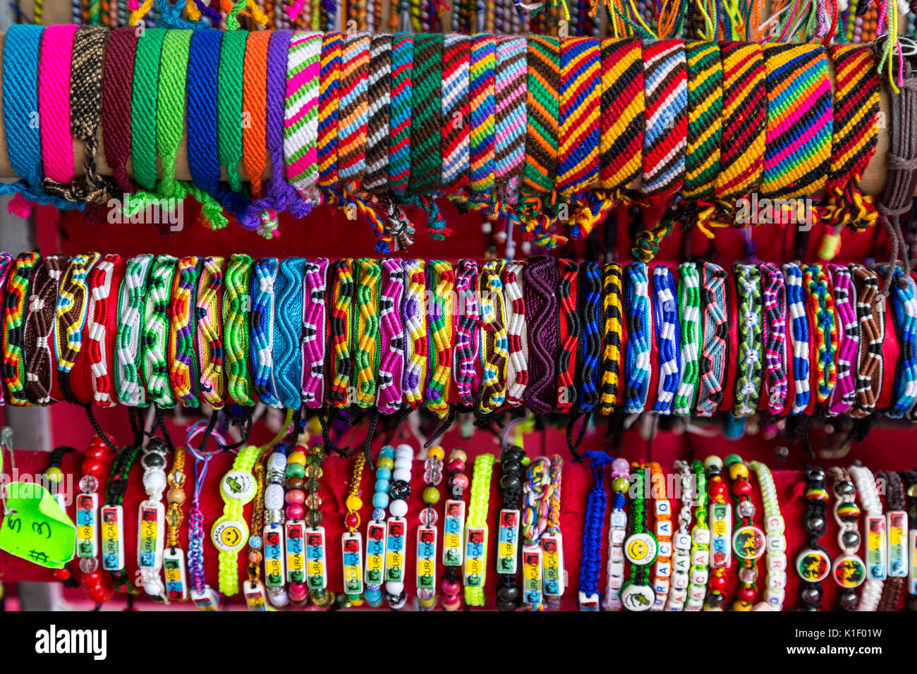 Willemstad, Curacao, Lesser Antilles.  Souvenir Bracelets, Central Market. Stock Photo