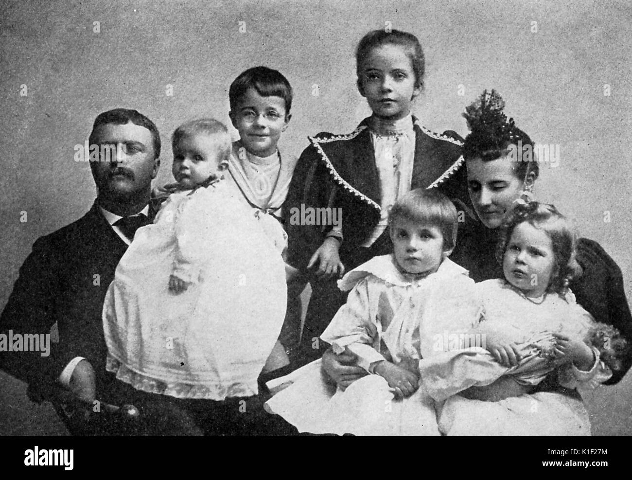 Family portrait of Theodore Roosevelt, his second wife Edith, and his five children, 1895. Stock Photo