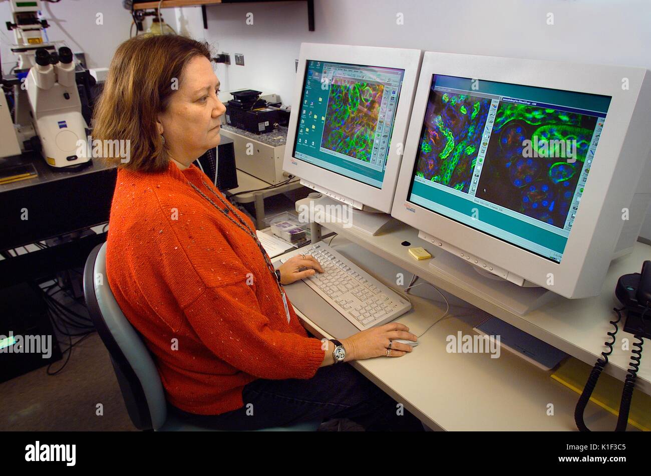 CDC scientists at work using a confocal microscope. LabScience, Using laser light, CDC laboratory scientists sometimes work with a confocal microscope when diagnosing various pathogens. Image courtesy CDC, 2002. Stock Photo