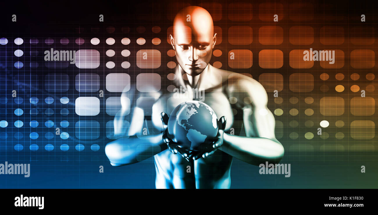 Technology Solutions with Man Holding Globe in Hands Stock Photo