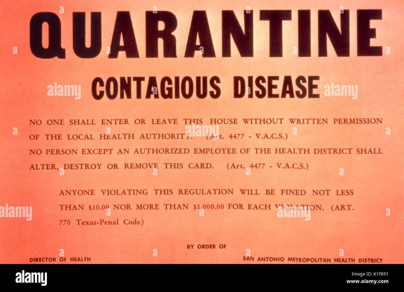Quarantine sign. Image courtesy CDC. 1990 Stock Photo Alamy