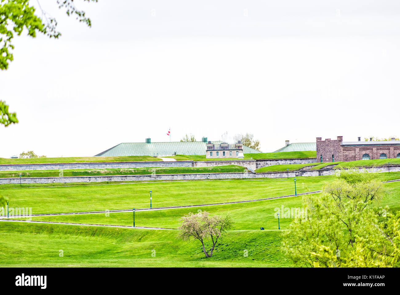 Green plaines d'Abraham in morning during summer with view of citadelle in Quebec City Stock Photo