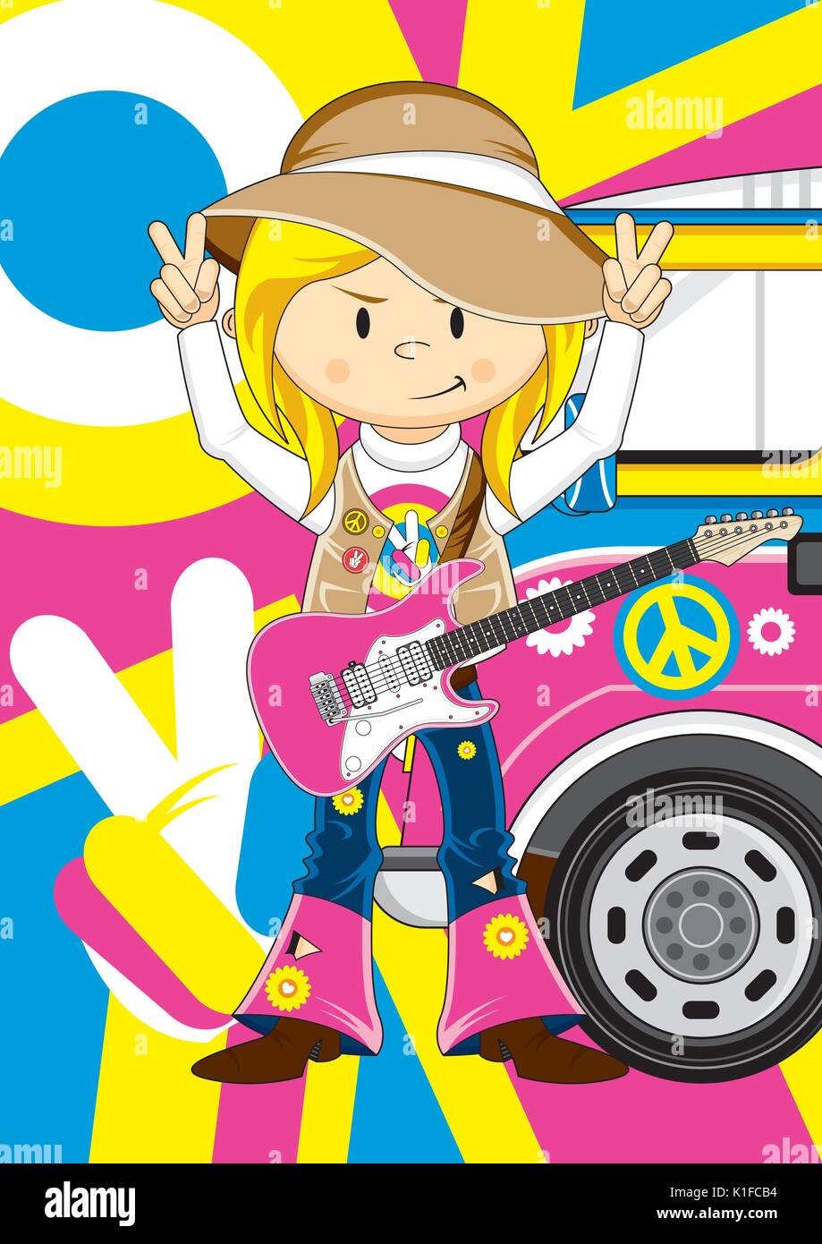 Cartoon Flower Power Hippie Guitarist and Van Vector Illustration Stock ...