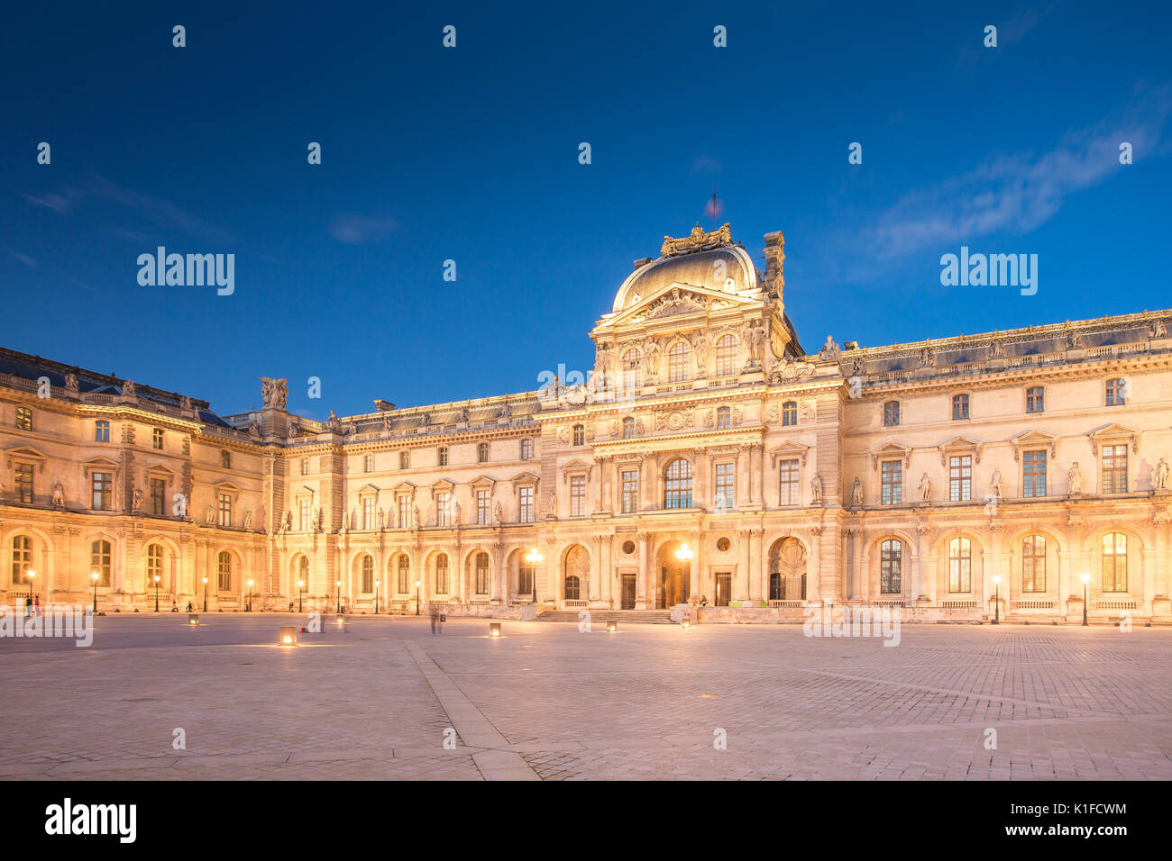 Paris city buildings at night in France. Stock Photo