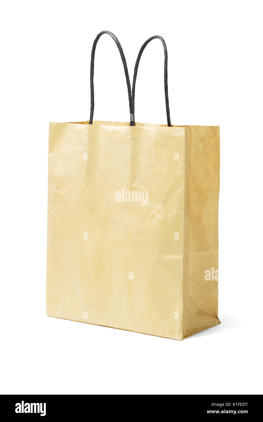Paper Bag With Black Paper Handle on White Background Stock Photo
