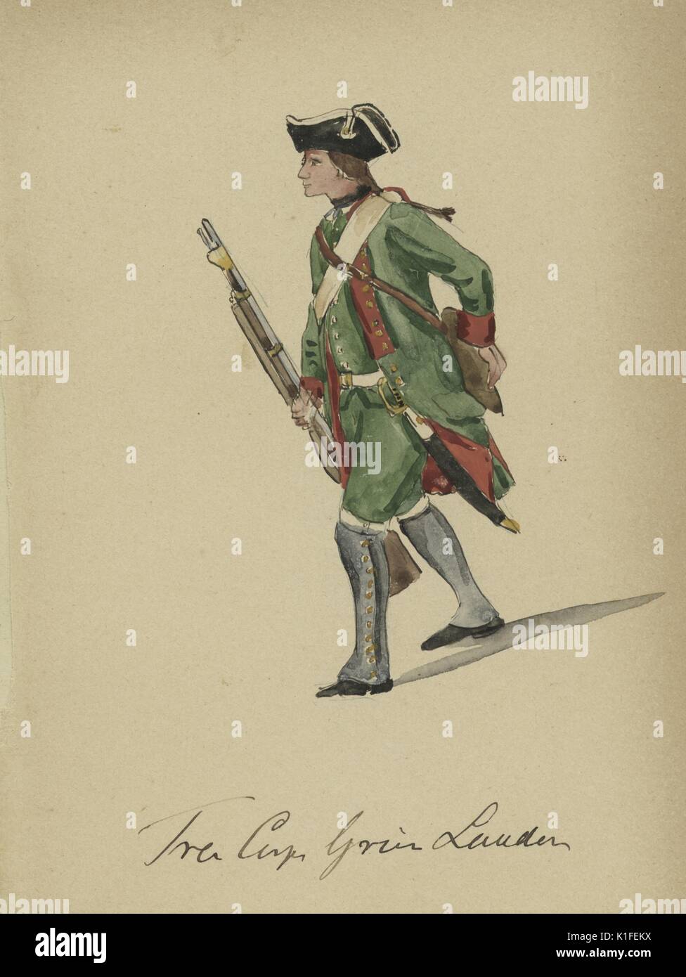 Color image of a soldier titled Frei Corps Grun Landon, Landon Green Free Corps, Amsterdam, 1758. From the New York Public Library. Stock Photo