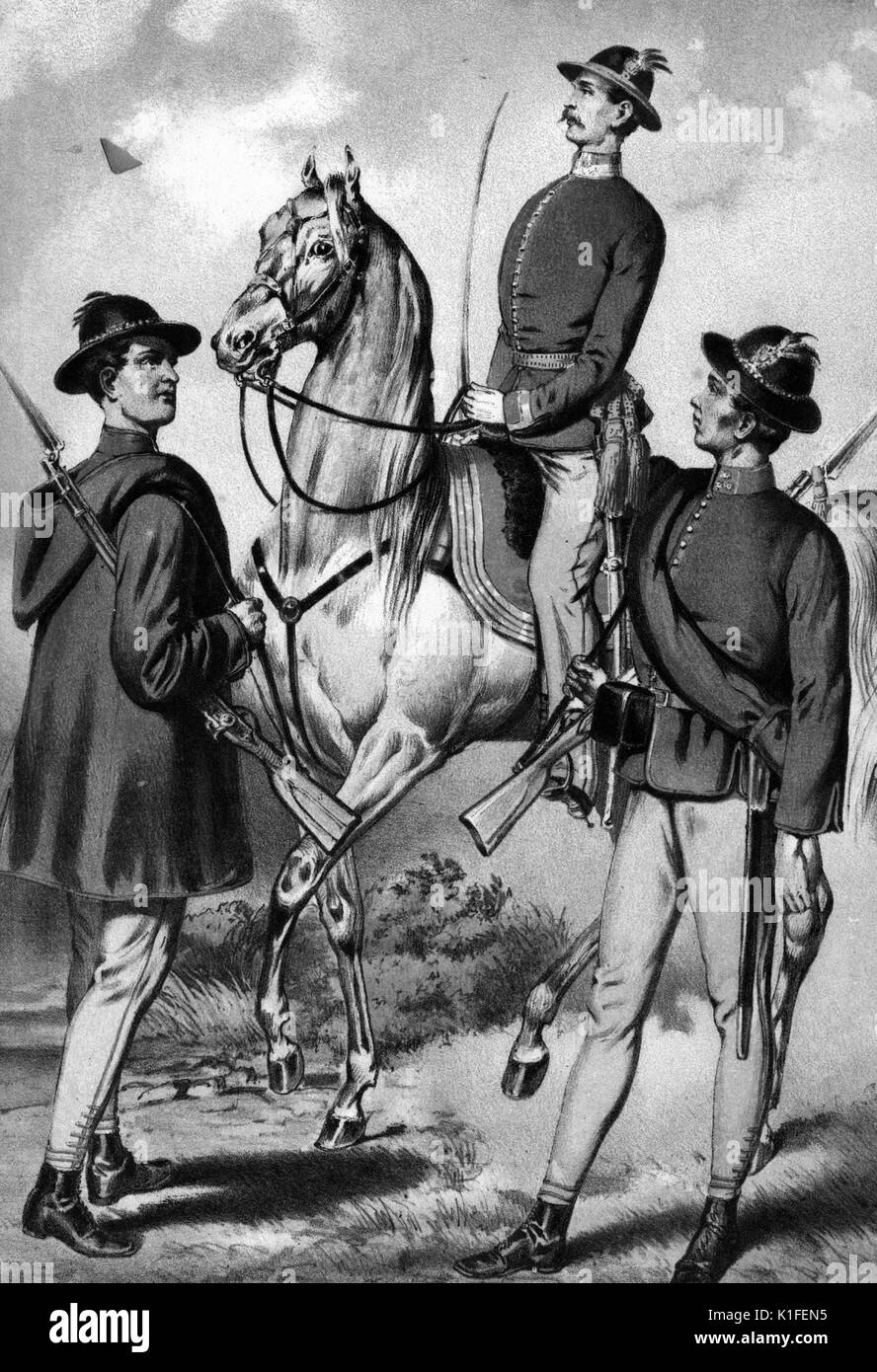 Color lithograph depicting three German soldiers, one on a horse, titled West Galisch Frei Infanterie Corps, 1859. From the New York Public Library. Stock Photo