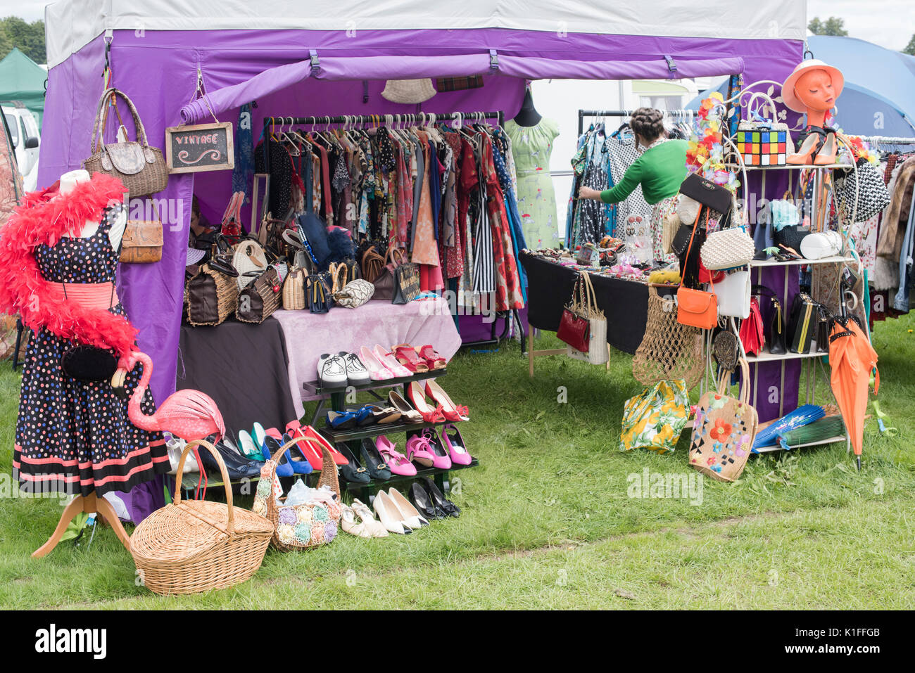 Vintage womens clothes and accessories market stall at a vintage retro festival. UK Stock Photo