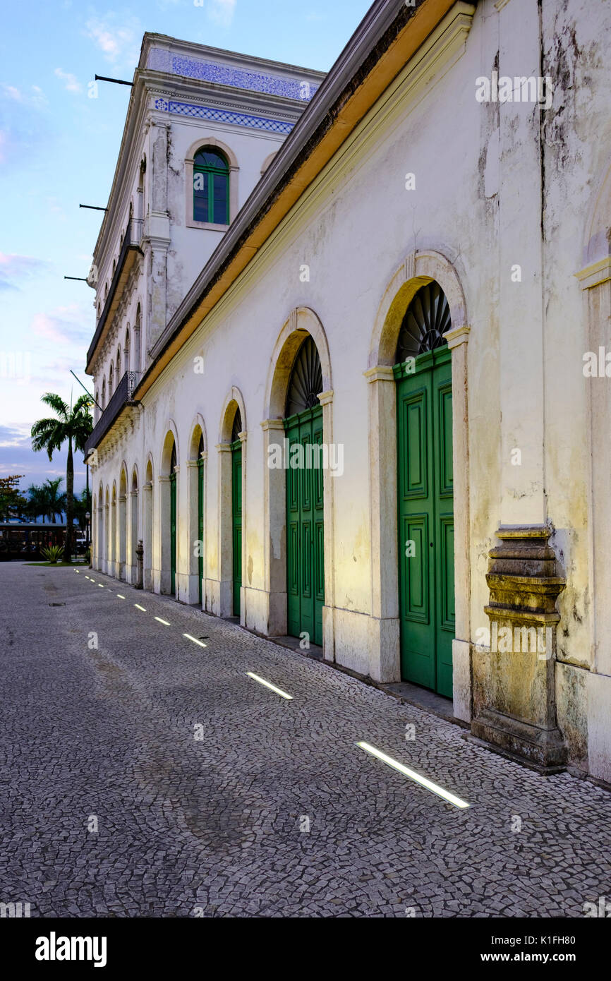 Facade of the Valongo Mansions at dusk, historical buildings, Brazilian coffee production golden period, now housing the Pele Museum, Santos, Brazil. Stock Photo