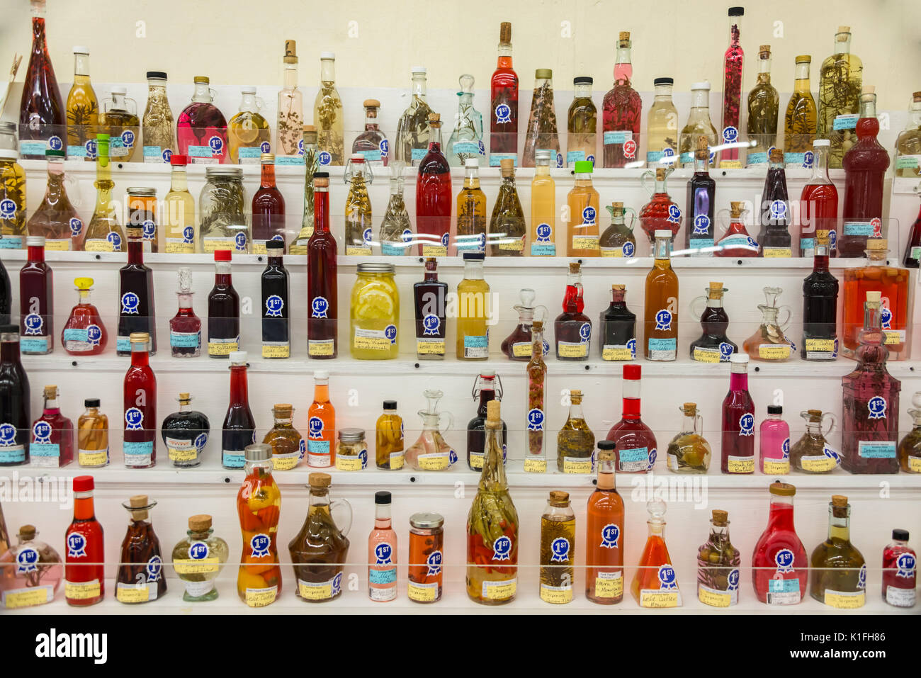 Bottles of Flavored Vinegar Entries in Evergreen State Fair Competition Monroe Washington Stock Photo