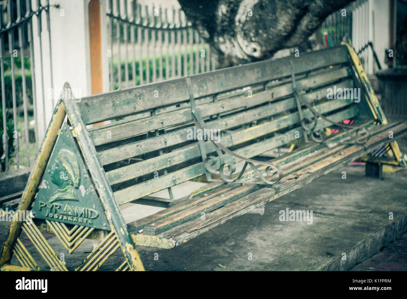 a iconic bench green steel and wood at jogja yogyakarta indonesia java ...