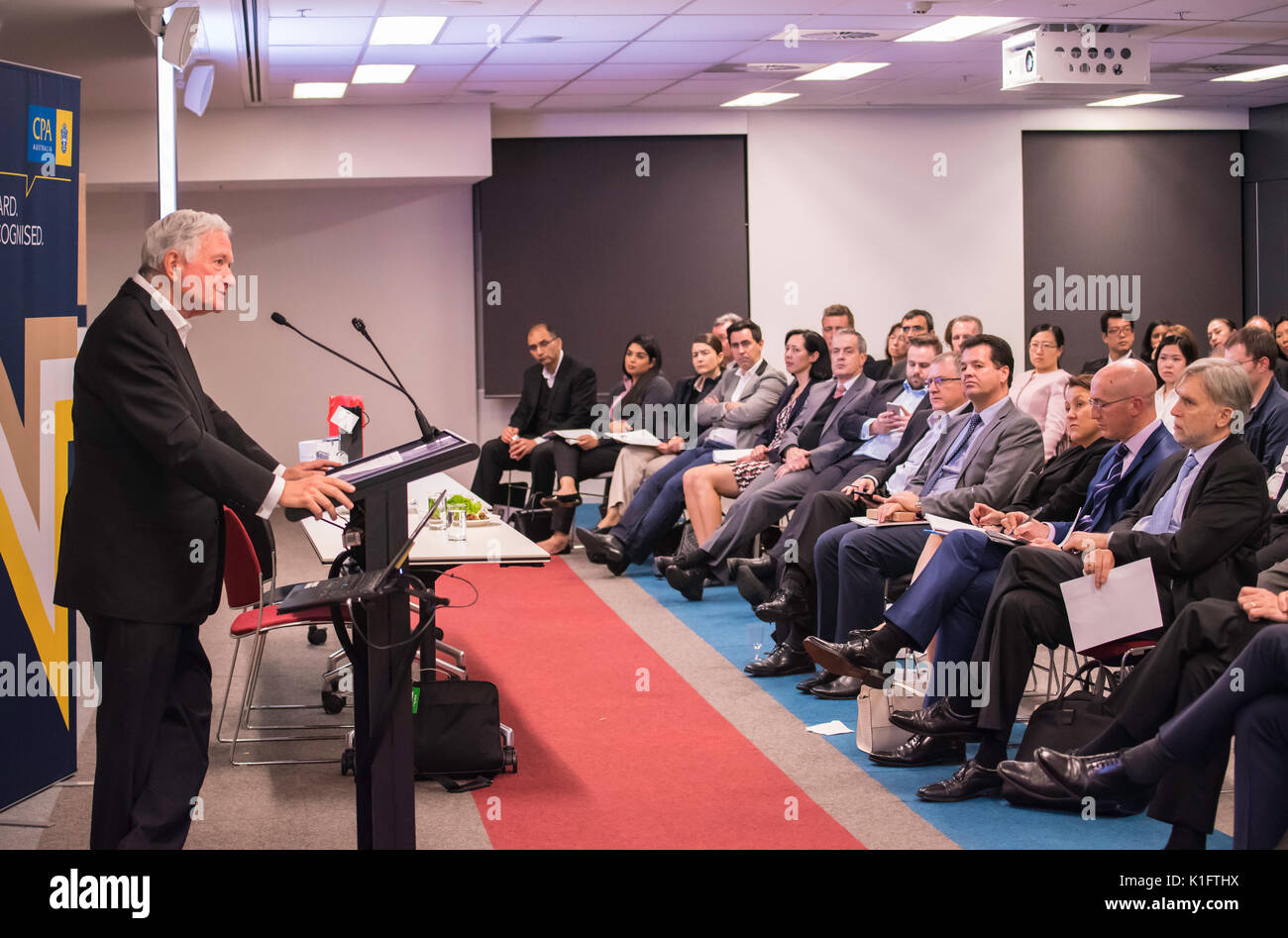 The Hon Nick Greiner AC speaking to the CPA Risk Discussion Group in Sydney, August 24th 2017 on the topic of  Risk to company boards beyond 2018 Stock Photo