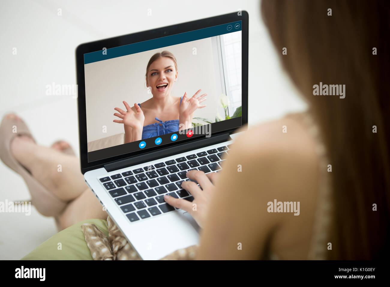 Two young women enjoying video call, app for virtual chat Stock Photo -  Alamy