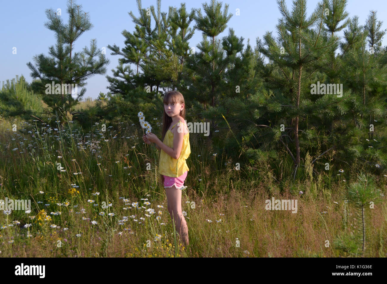 Happy teen girl at summer meadow, collecting flowers Stock Photo