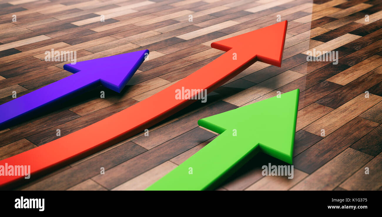 Colorful arrows showing growth on wooden background. 3d illustration Stock Photo