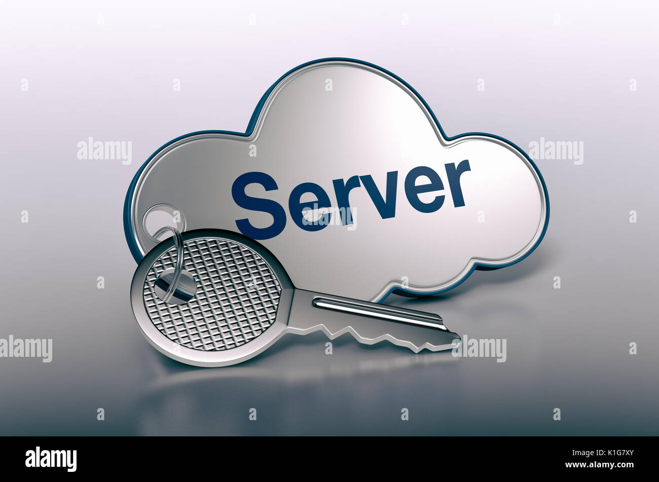 one cloud with a key and text: server, concept of computer, web, network (3d render) Stock Photo