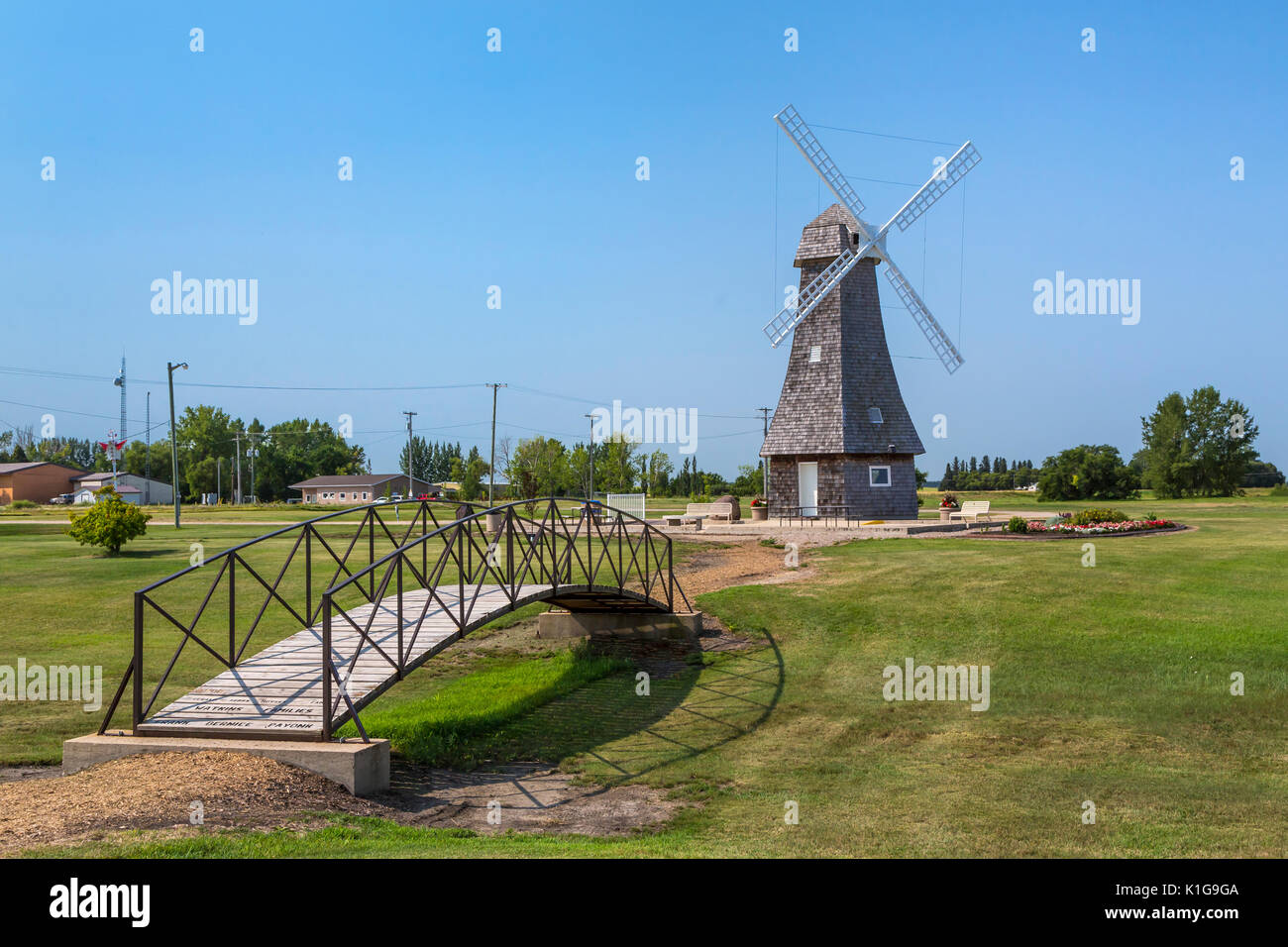A Dutch windmill at the entrance to the village of Holland, MB, Canada