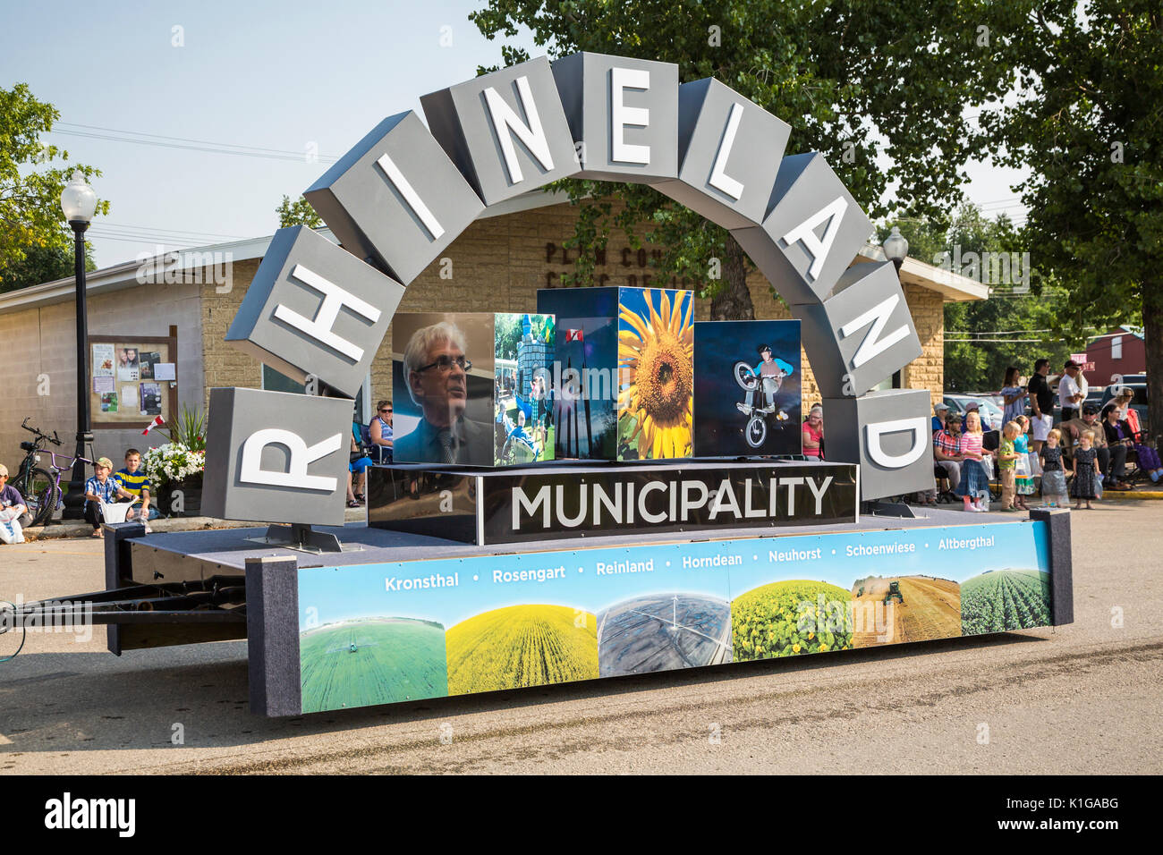 The Rhineland Municipality float at the 2017 Plum Fest street parade in Plum Coulee, Manitoba, Canada. Stock Photo