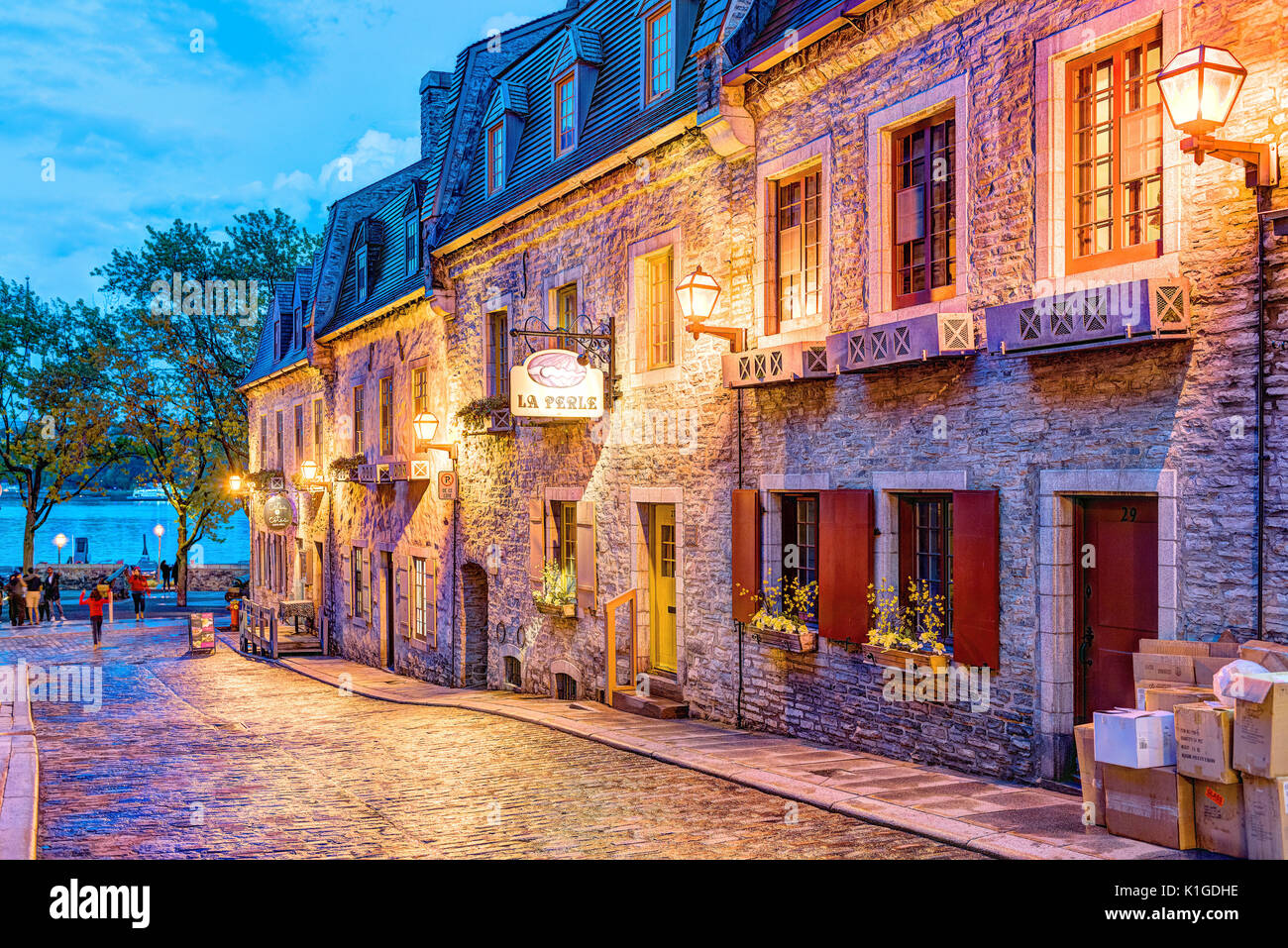 Quebec City, Canada - May 31, 2017: Colorful stone buildings on street  during twilight in lower old town with La Perle bead store Stock Photo -  Alamy