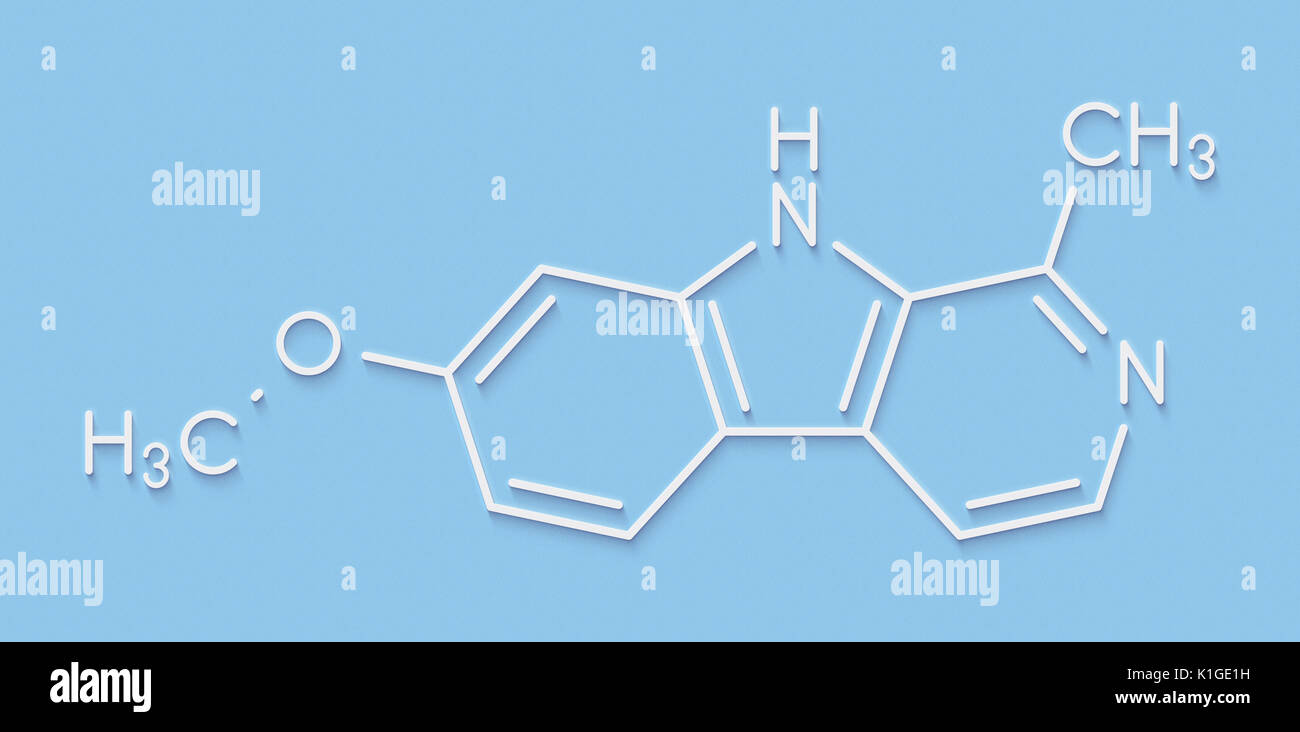 Harmine alkaloid molecule. Herbal inhibitor of monoamine oxidase A. (MAO-A). Skeletal formula. Stock Photo