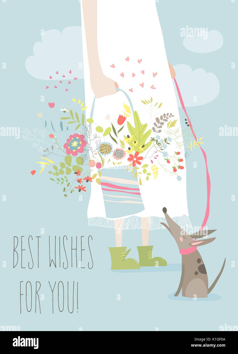 Girl holding bouquet flowers Stock Vector