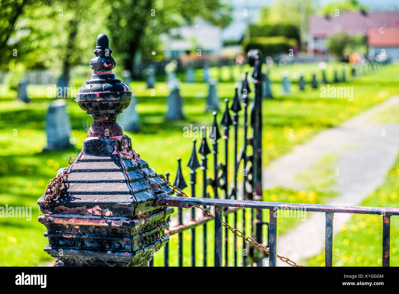 Cemetery and gravestones in summer with vintage metal railing gate fence Stock Photo