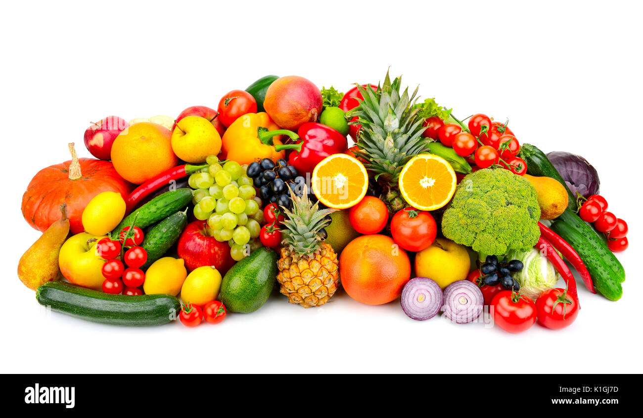 collection fresh fruits and vegetables isolated on white Stock Photo
