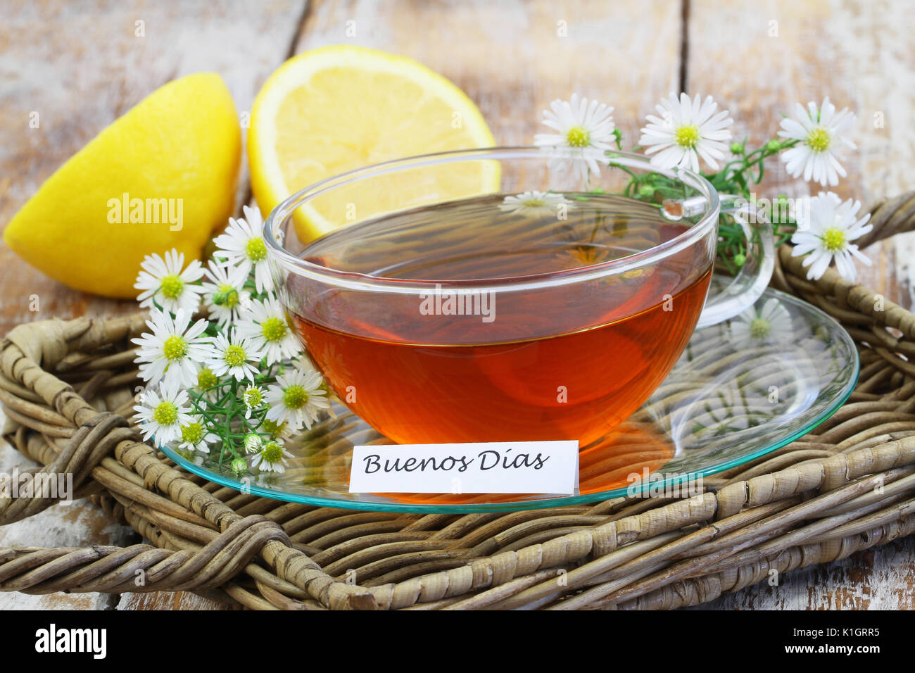 Buenos Dias (good morning in Spanish) card with cup of chamomile tea on
