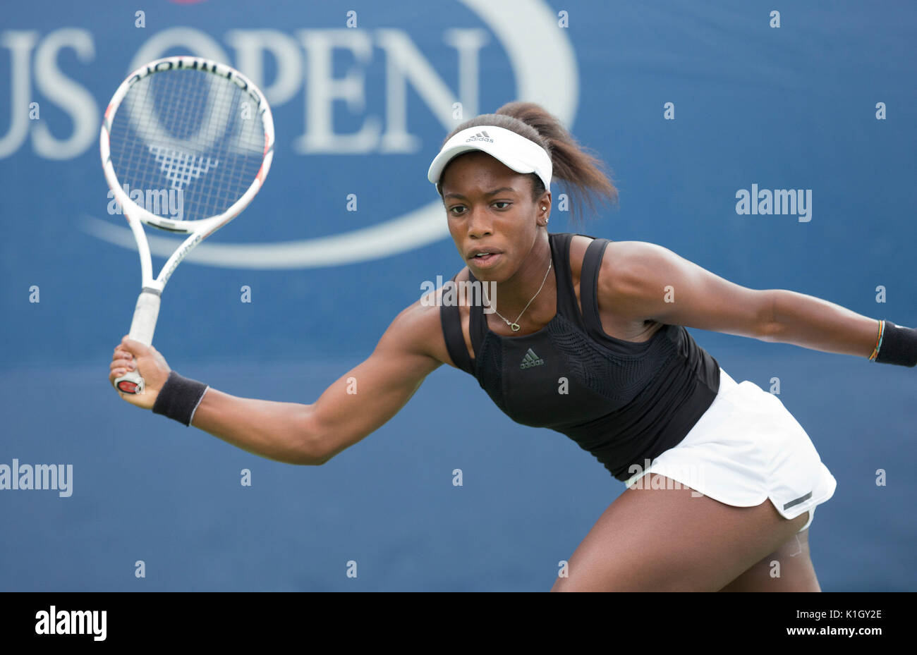 Sachia Vickery  of USA returns ball during qualifying game against Jamie Loeb of USA at US Open 2017 (Photo by Lev Radin/Pacific Press) Stock Photo