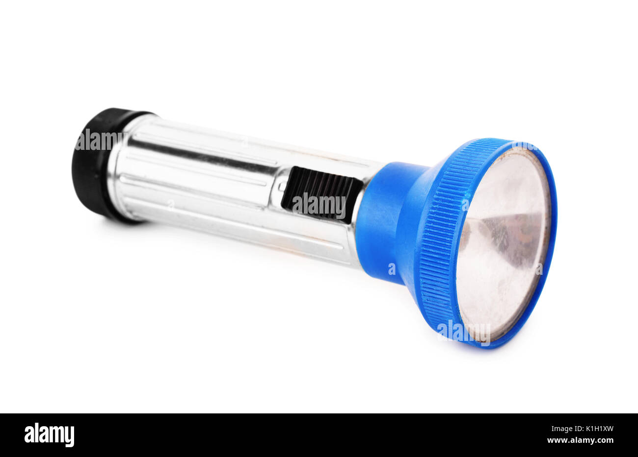 Old broken blue pocket torch flashlight isolated on a white background Stock Photo