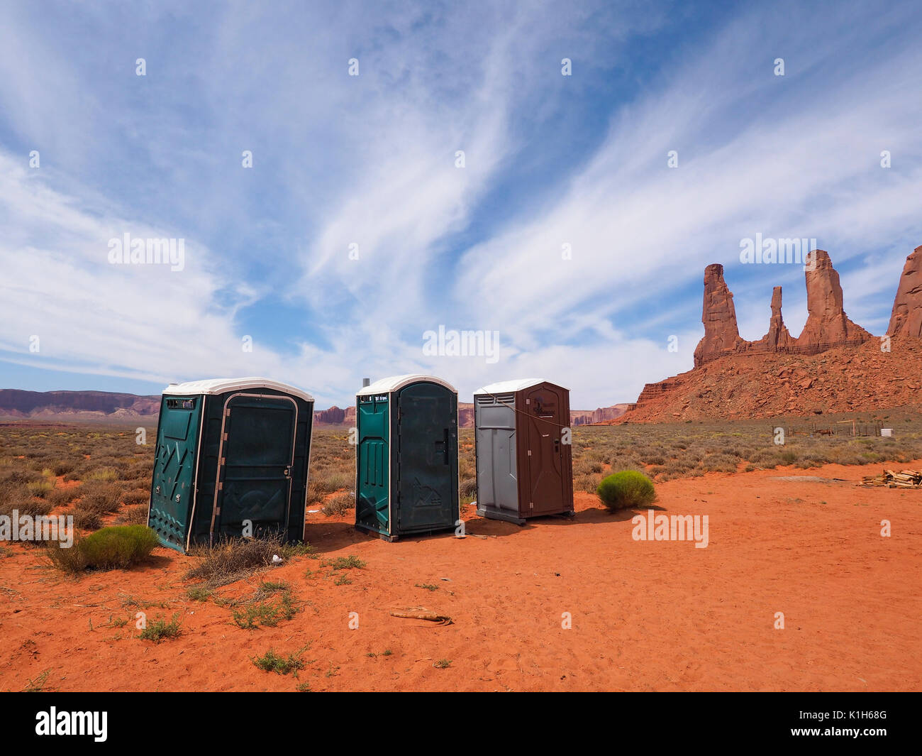Monument Valley, USA - 25 July 2016: Portable portapotty toilets for tourists at a car park at Monument Valley Navajo Tribal Park. Stock Photo