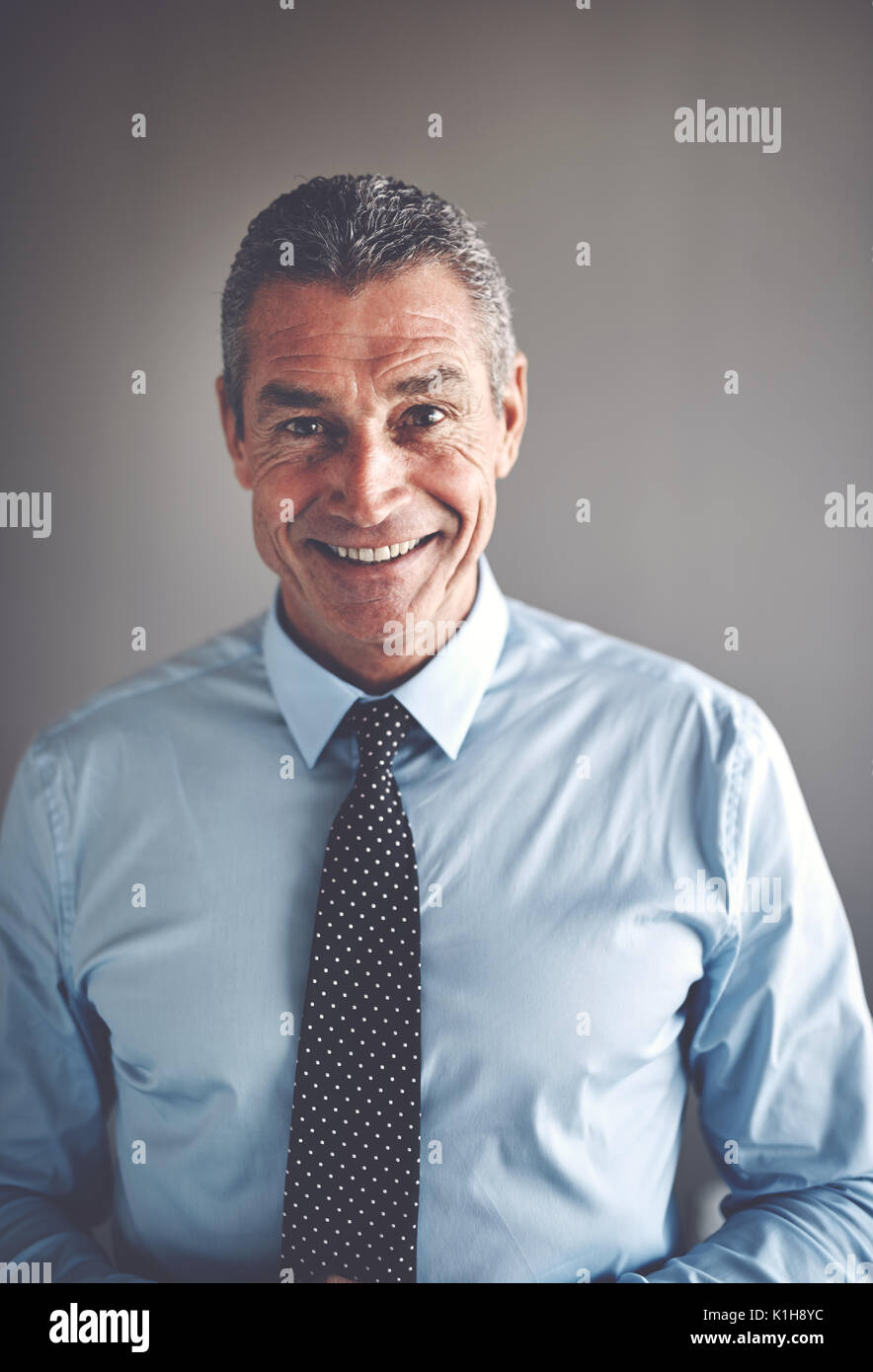 Portrait of a handsome mature businessman wearing a shirt and tie smiling and standing confidently alone in an office Stock Photo