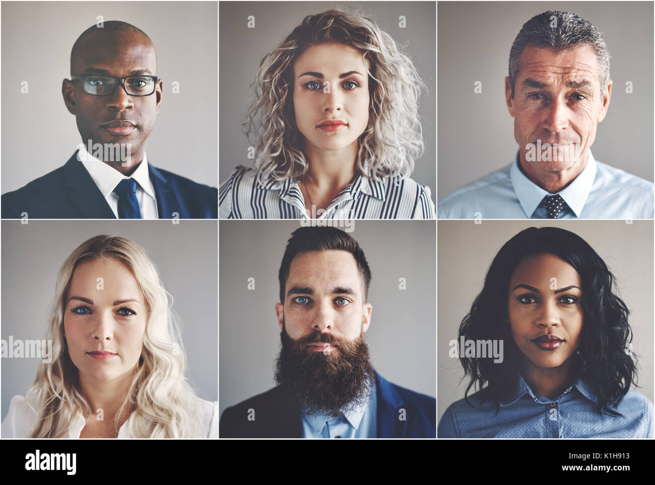 Collage of portraits of an ethnically diverse and mixed age group of focused businessmen and businesswomen Stock Photo