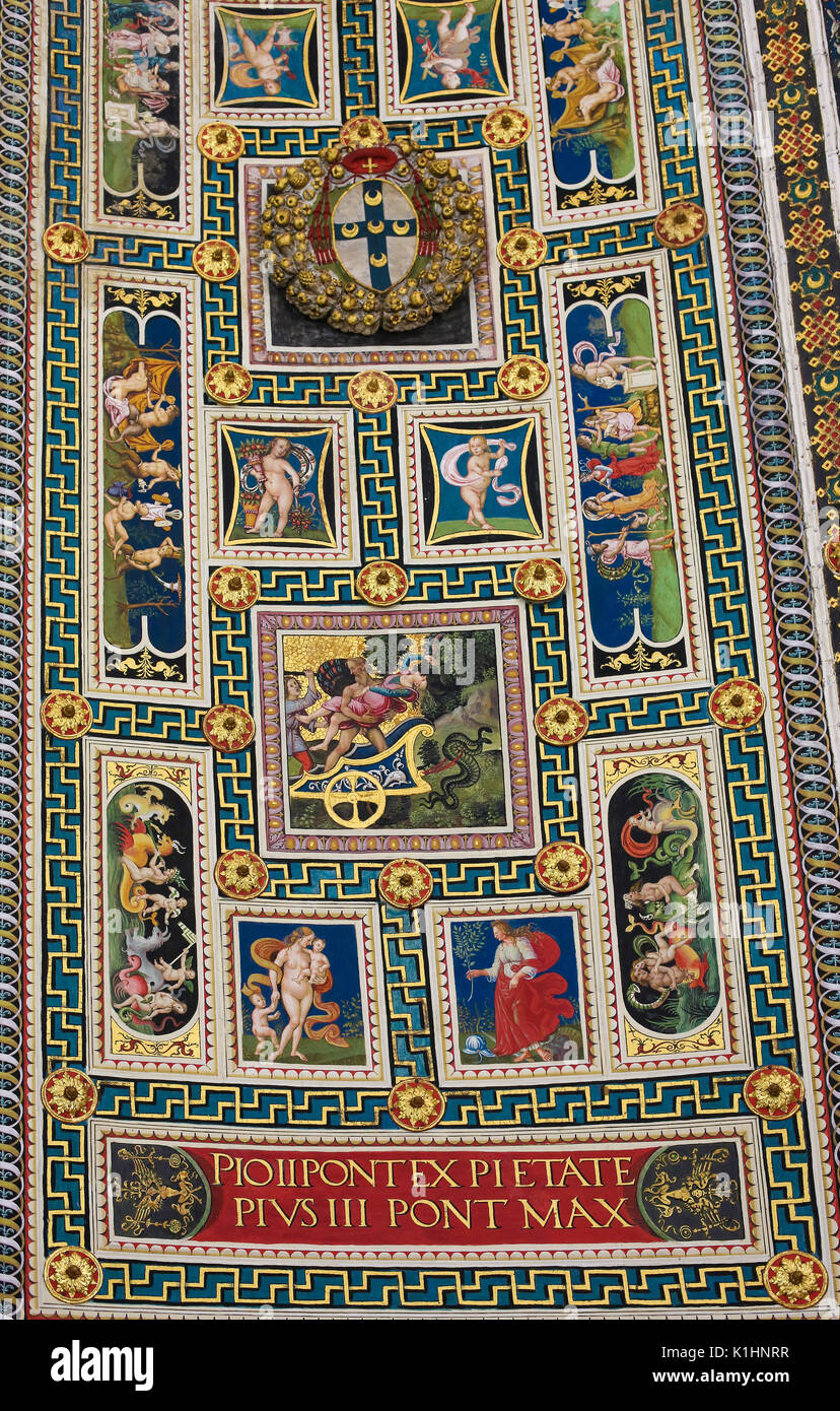 Frescoes (1502) on the ceiling of Piccolomini Library in Siena Cathedral, Tuscany, Italy, by Pinturicchio Stock Photo