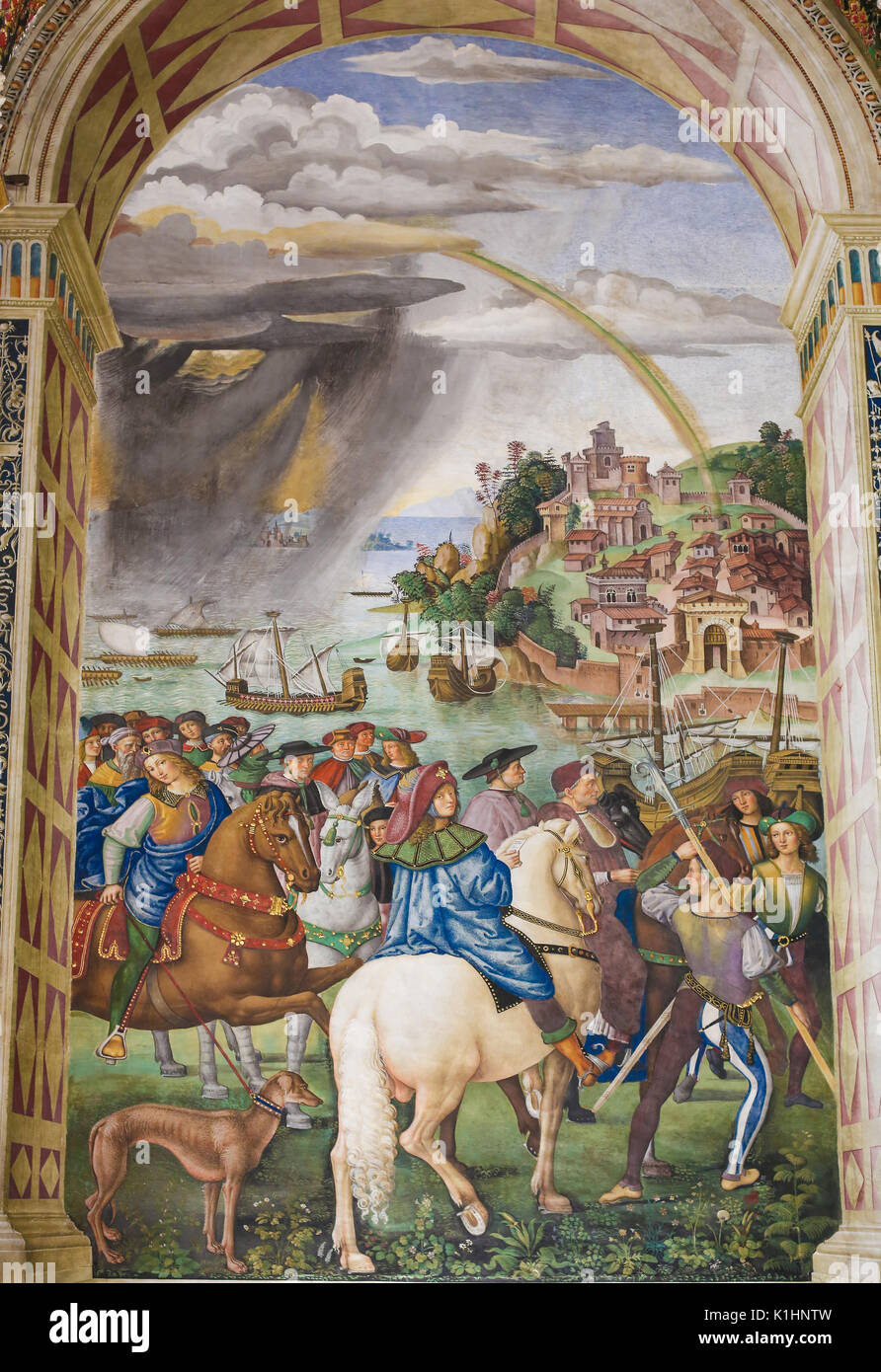 Frescoes (1502) in Piccolomini Library in Siena Cathedral, Tuscany, Italy, by Pinturicchio depicting Pope Pius II leaving for the Council of Basel. Th Stock Photo