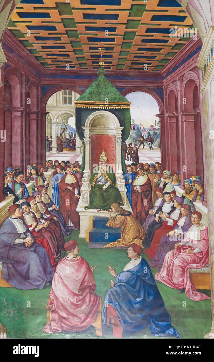 Frescoes (1502) in Piccolomini Library in Siena Cathedral, Tuscany, Italy, by Pinturicchio depicting Enea Silvio Piccolomini making an act of submissi Stock Photo