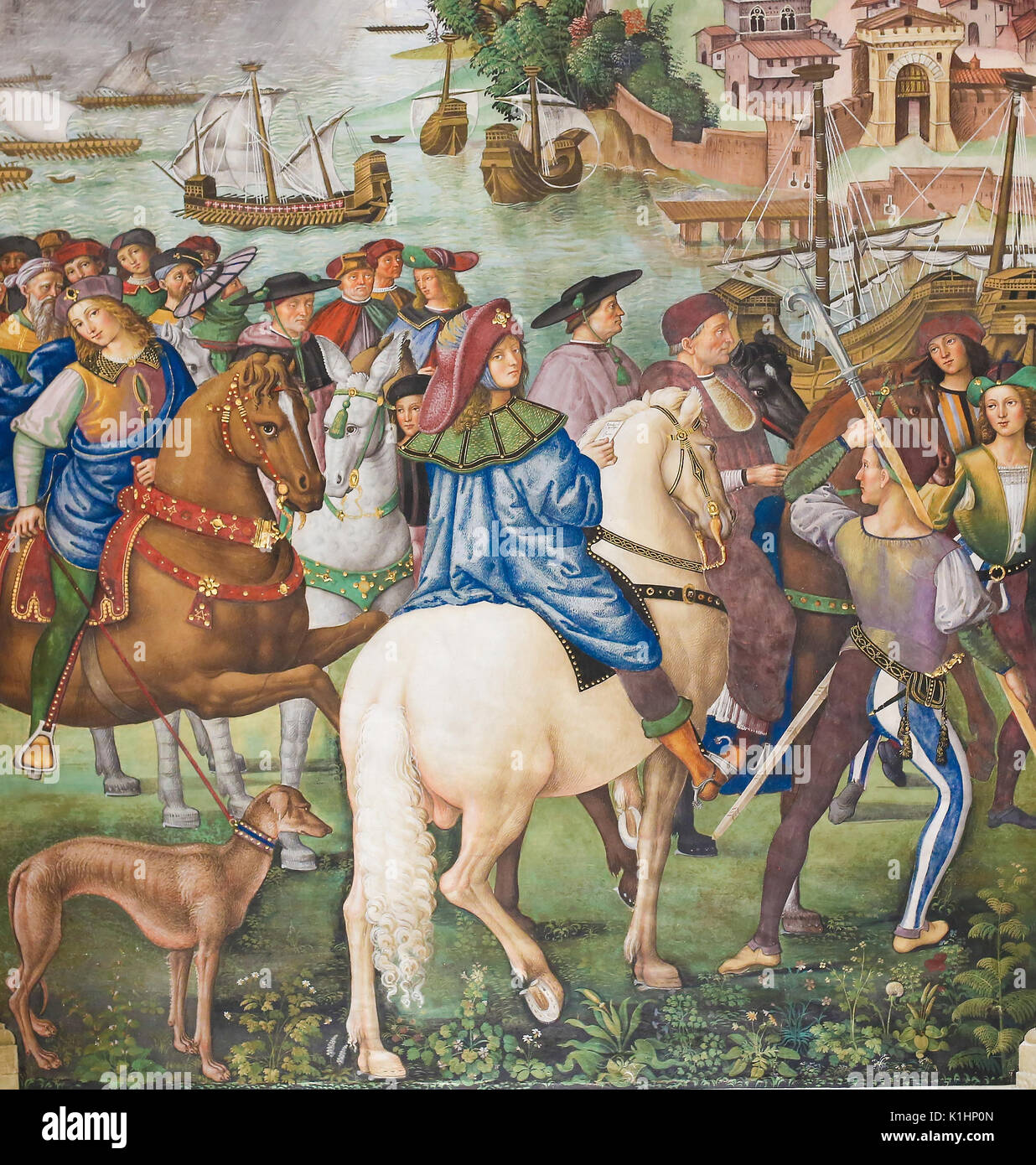 Frescoes (1502) in Piccolomini Library in Siena Cathedral, Tuscany, Italy, by Pinturicchio depicting Pope Pius II leaving for the Council of Basel. Stock Photo