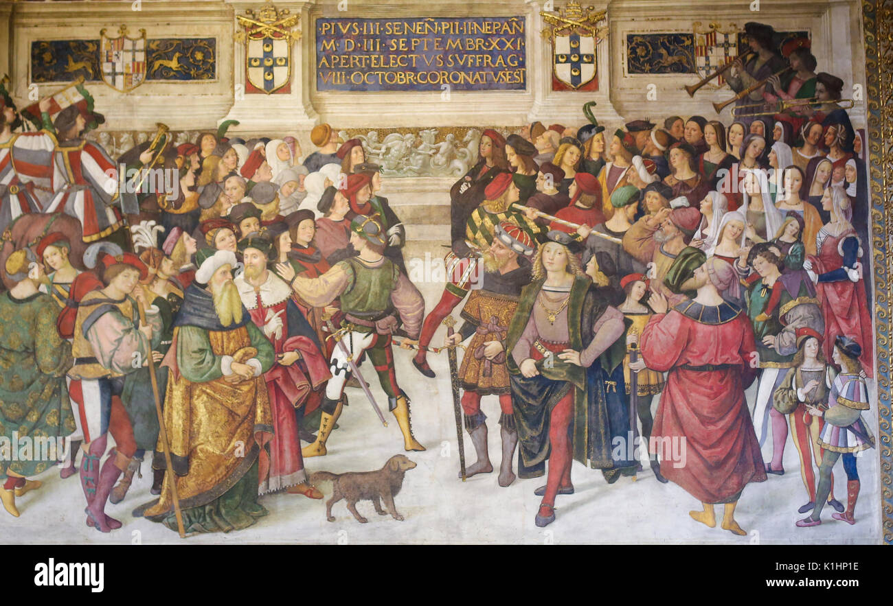 Frescoes (1502) in Piccolomini Library in Siena Cathedral, Tuscany, Italy, by Pinturicchio depicting a scene in the Life of Pope Pius II Stock Photo