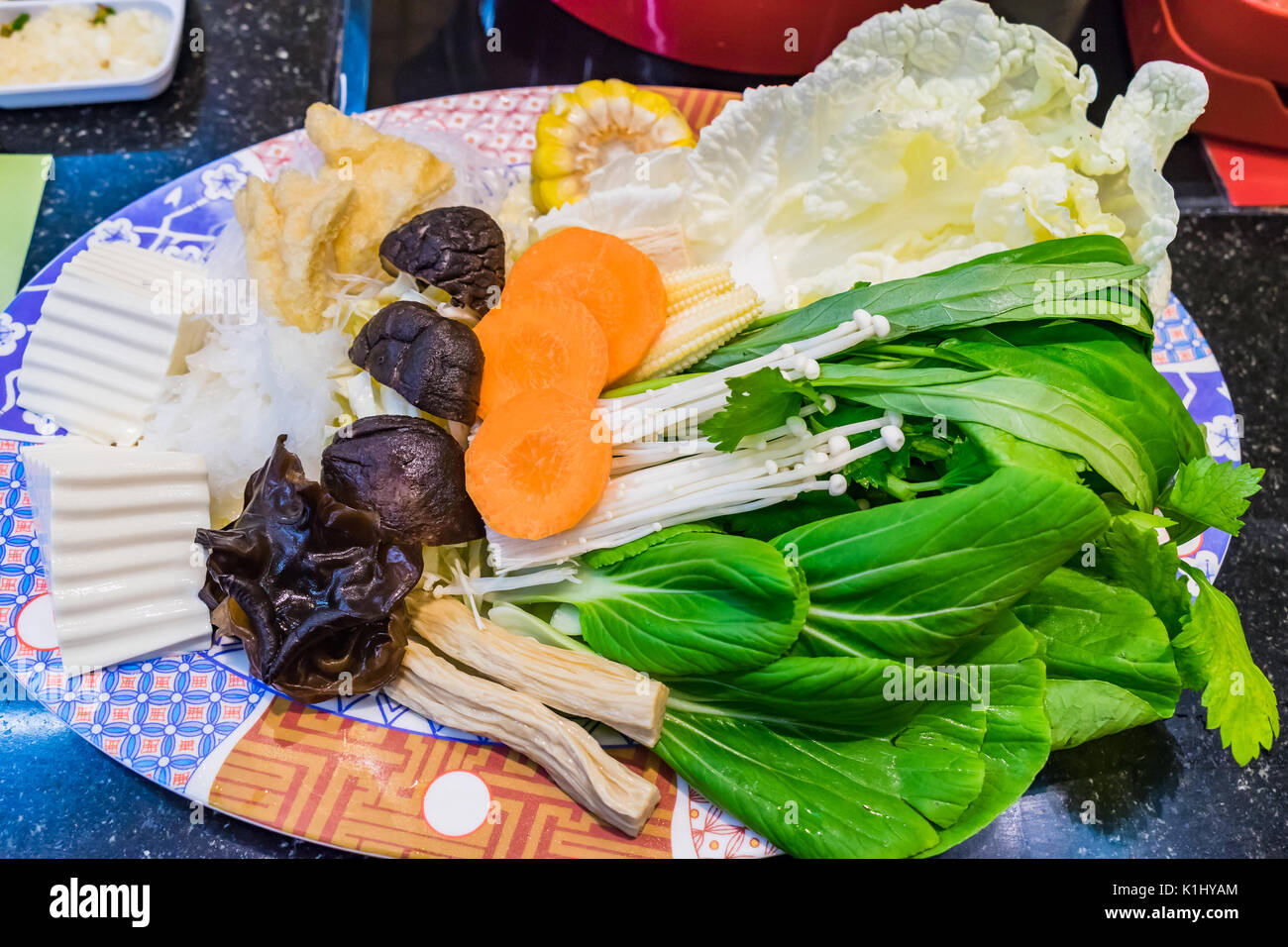 Sukiyaki or Shabu set and mixed vegetables in the dish, Shabu Shabu or